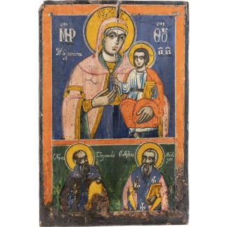 A TWOPARTITE ICON SHOWING THE ELEUSA MOTHER OF GOD AND TWO SAINTS 