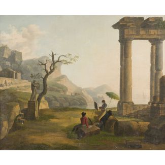 Ideale landschaft mit antiker architektur und zwei malern im freien