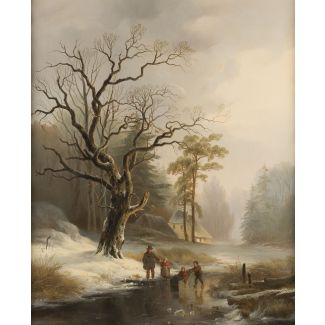 Winterlandschaft mit figuren auf einem zugefrorenen see