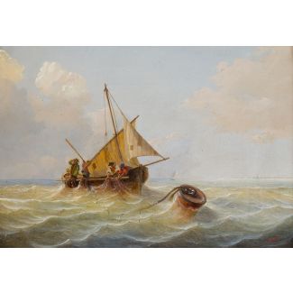 Zwei gemälde: schiffbruch vor der küste. fischerboot bei schönem wetter