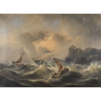 Boote im sturm an felsiger küste