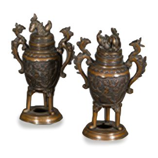 Pair of incense burners in patinated bronze