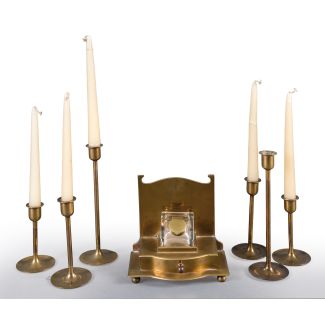 Gilt Metal Inkstand with Molded Glass Inkwell and Six Candlesticks of Varying Heights