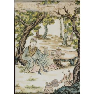 A QIANJIANGCAI PORCELAIN TABLET WITH A WOODEN FRAME