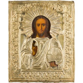 Kleine Ikone mit Christus dem Weltenherrscher mit Oklad