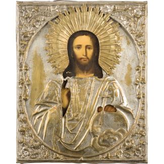 Kleine Ikone mit Christus dem Weltenherrscher mit Oklad