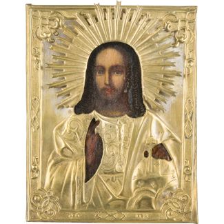 Kleine Ikone mit Christus dem Weltenherrscher mit Oklad