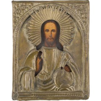 Kleine Ikone mit Christus dem Weltenherrscher mit Oklad