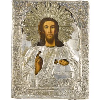 Kleine Ikone mit Christus dem Weltenherrscher mit Oklad