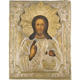 Kleine Ikone mit Christus dem Weltenherrscher mit Oklad
