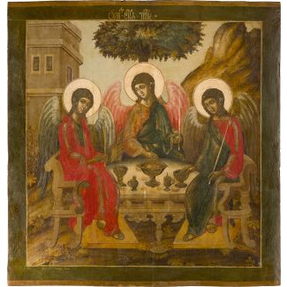 AN IMPORTANT MONUMENTAL SIGNED ICON OF THE OLD TESTAMENT TRINITY FROM A CHURCH ICONOSTASIS EINER KIRCHENIKONOSTASE 