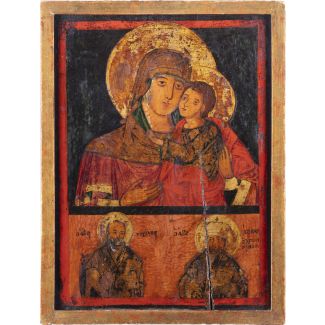 A TWOPARTITE ICON SHOWING THE MOTHER OF GOD AND STS NICHOLAS OF MYRA AND JOHN CHRYSOSTOM CHRYSOSTOMUS 