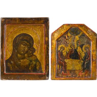 ZWEI KLEINE IKONEN GOTTESMUTTER UND FEINE MINIATURIKONE MIT DER ALTTESTAMENTLICHEN DREIFALTIGKEIT 