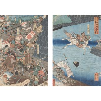 Zwei Ukiyo-e aus dem Triptychon „Attack on Ichi-no-Tani“