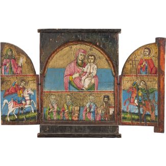 A DATED TRIPTYCH SHOWING THE MOTHER OF GOD AND SELECTED SAINTS 