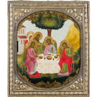 A LARGE AND FINE ICON SHOWING THE OLD TESTAMENT TRINITY WITH BASMA 