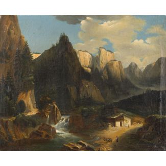 Alexandre frederic charlot de courcy (attr.) 1832 france - ? alpine landscape with cabin, waterfall and staffage