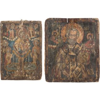 TWO LARGE ICONS SHOWING THE MOTHER OF GOD THE LIVEGIVING SOURCE AND ST NICHOLAS OF MYRA 