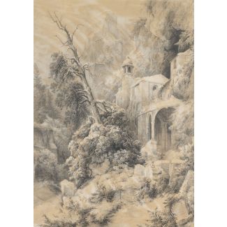 DEUTSCHER ROMANTIKER Tätig Mitte 19. Jh. FELSENLANDSCHAFT MIT KLOSTER UND BURGRUINE