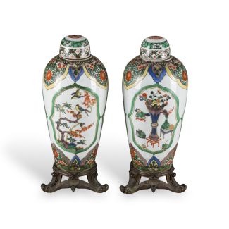 A PAIR OF FAMILLE VERTE VASES WITH BRONZE MOUNTING
