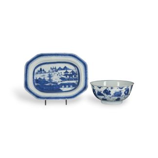 A BLUE AND WHITE BOWL AND A PLATE