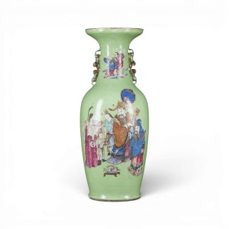 A LARGE FAMILY ROSE SGRAFFITO VASE WITH FIGURE DEPICTION