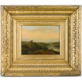DEUTSCHER ROMANTIKER Tätig um 1840 HÜGELLANDSCHAFT MIT KREUZ UND RUINE IN DER FERNE