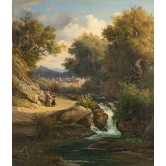 DEUTSCHE SCHULE DER MITTE DES 19. JH. ITALIENISCHE LANDSCHAFT MIT WILDBACH UND STADT IM HINTERGRUND