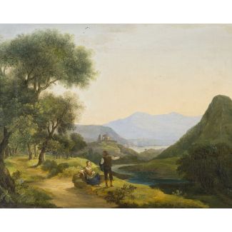 DEUTSCHER ROMANTIKER Tätig 1. H. 19. Jh. FLUSSLANDSCHAFT MIT STAFFAGE