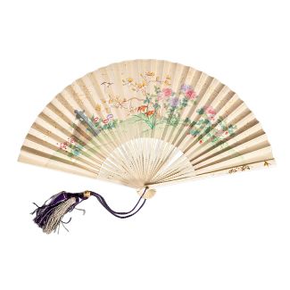 Chinese Export Fan with Carved Bone Sticks and Painted Paper Leaf, c. 1900