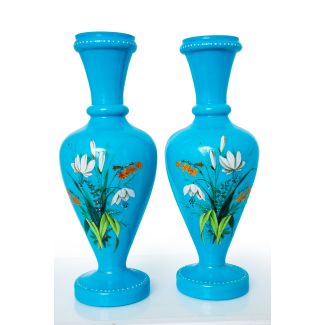 Pair of Tall White Translucent Opaline Glass Vases with Porcelain Miniature Medallions of Pastoral Scenes