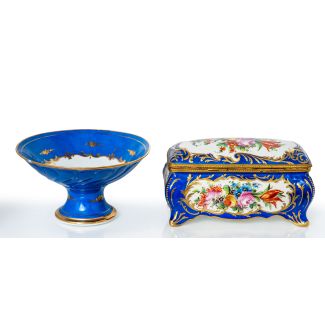 Sèvres Style Porcelain Set with Fruit Bowl and Rectangular Box, Cobalt Blue Ground with Painted Flowers