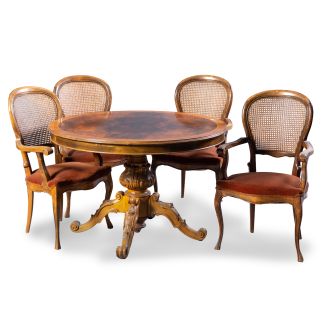 Circular Dining Table and Four Carved Wooden Armchairs with Caned Backs