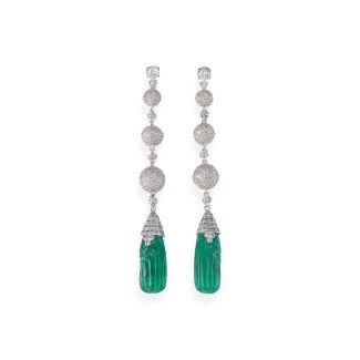 Sparkling long earrings with emerald cabochons