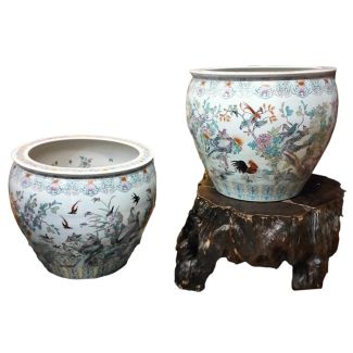 Pair of polychrome porcelain fish bowls