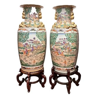 Pair of Canton vases with wooden bases