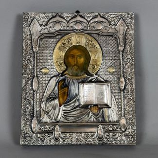 Orthodox sacred icon Pantocrator Riza in 925 silver gold