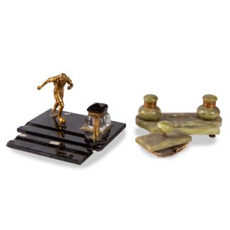 Pair of Desk Sets in Green Onyx and Black Glass with Footballer Figure