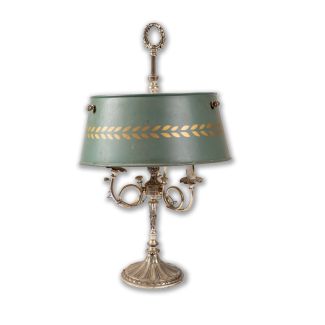 Bouillotte Style Brass Table Lamp with Three Lights and Green Tole Shade with Gilt Garland