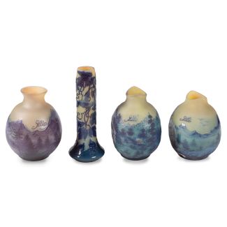 Lot of Four Art Nouveau Style French Cameo Glass Vases with Floral and Mountain Landscape Decoration