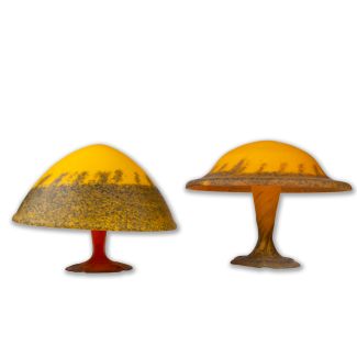 Pair of Art Nouveau Style French Glass Lamp Bases with Shades in Orange and Yellow Tones
