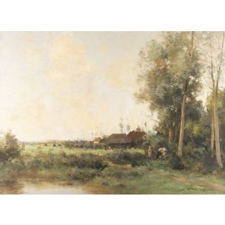 Ländliche Landschaft mit Bauernhöfen und Teich