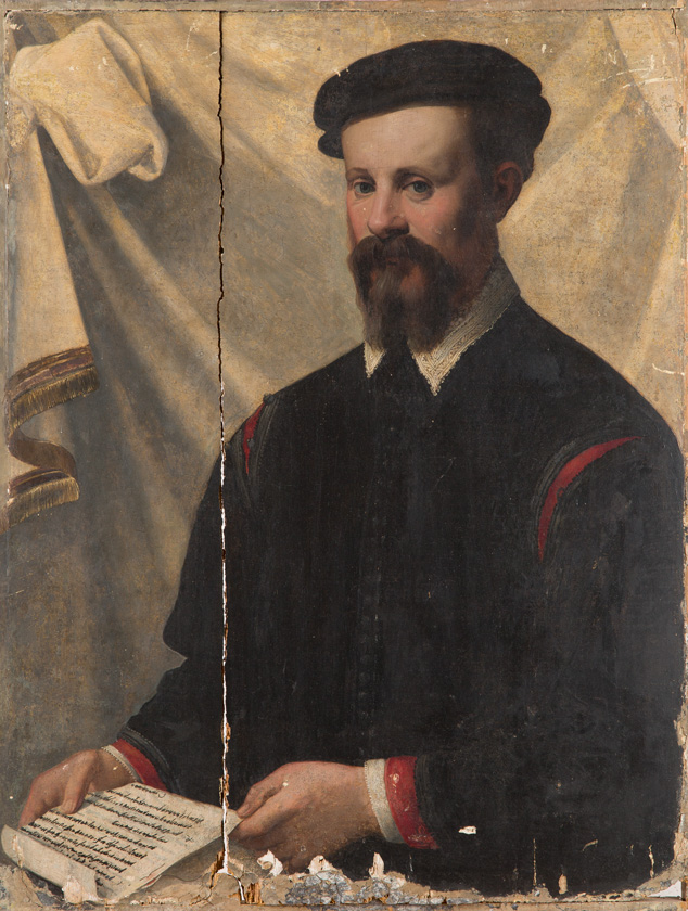 Geschädigtes Porträtgemälde eines Mannes mit Bart und traditioneller Kleidung, historisches Kunstwerk bei Hargesheimer Kunstauktion.