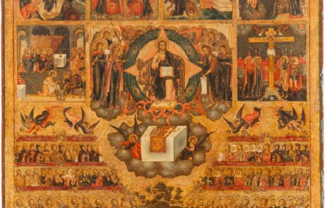 Alt-Text: Detailliertes byzantinisches Ikonenbild mit religiösen Szenen und Heiligenfiguren, präsentiert bei einer Kunstauktion.