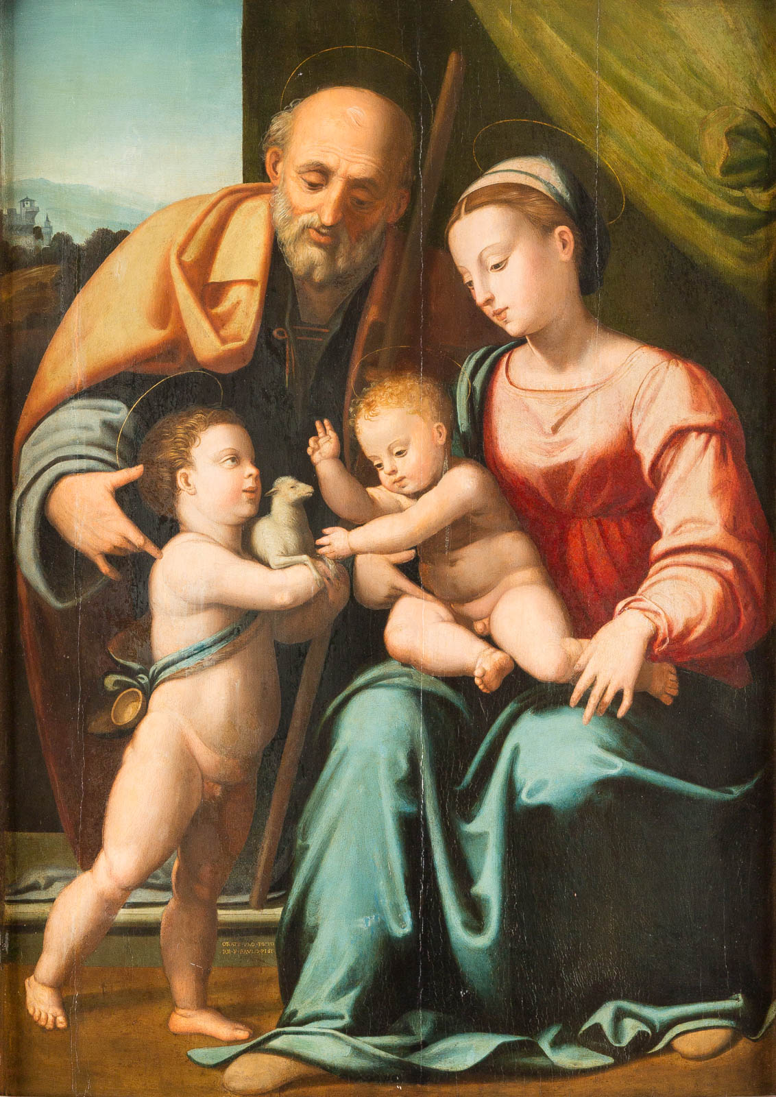 Gemälde mit Maria, zwei spielenden Kindern und einer Taube; hochwertiges historisches Kunstwerk, ausgestellt bei einer Kunstauktion.