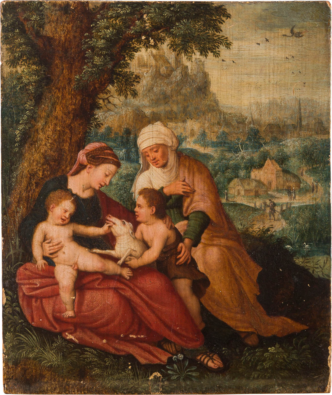 Alt-Text: Historisches Gemälde zeigt eine Szene mit zwei Frauen und zwei Kindern in einer ländlichen Landschaft, potenzielles Sammlerstück bei einer Kunstauktion.