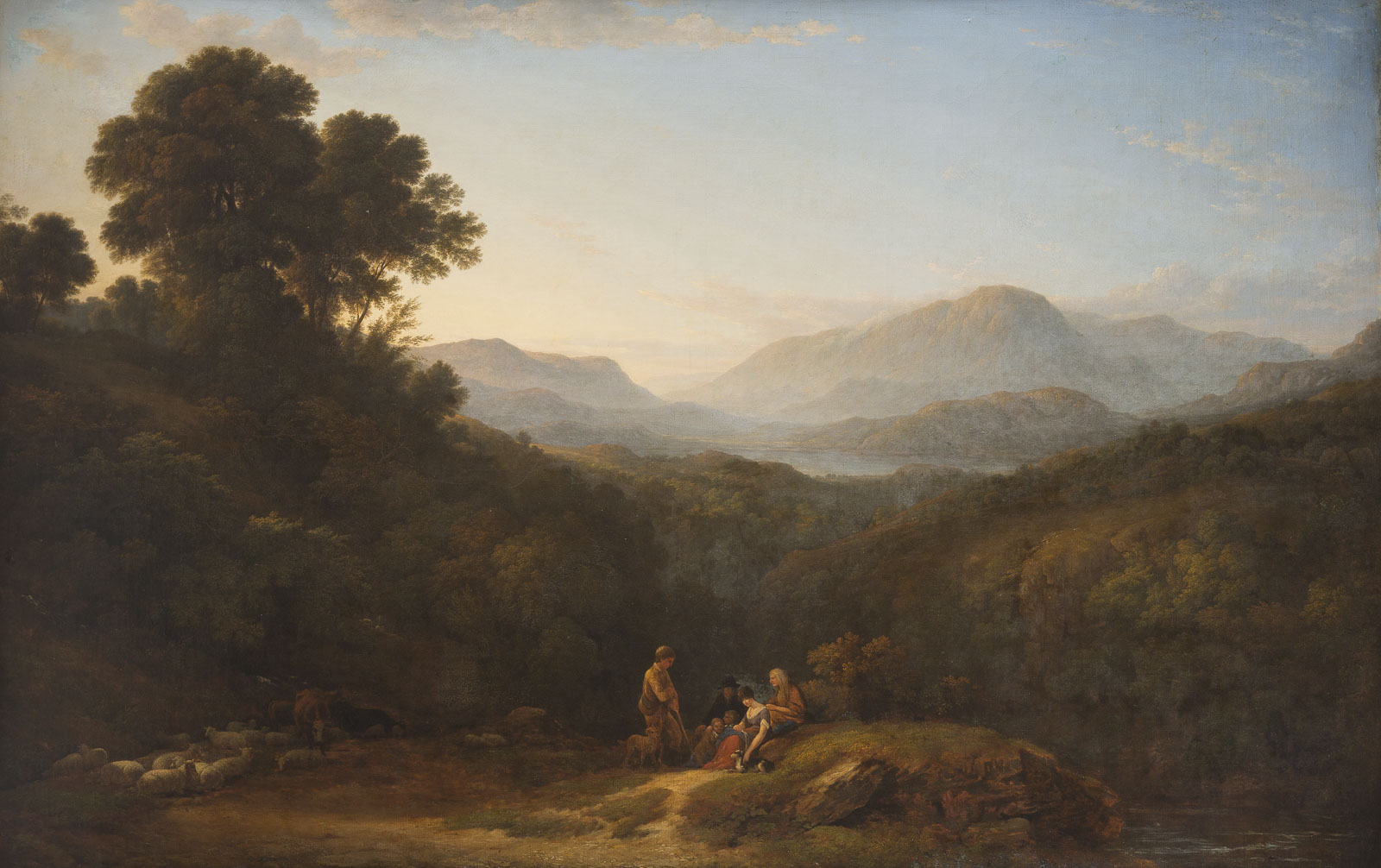 Historisches Berglandschaftsgemälde mit Personen und Pferden, gefertigt im klassischen Stil, bei Kunstauktion präsentiert.